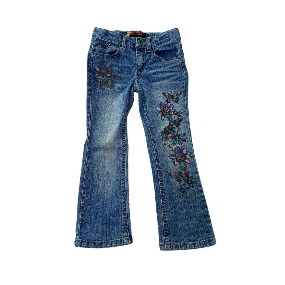 Squeeze Girls Size 4 Y2K Butterfly Floral Embellished Bootcut Jeans Adjustable